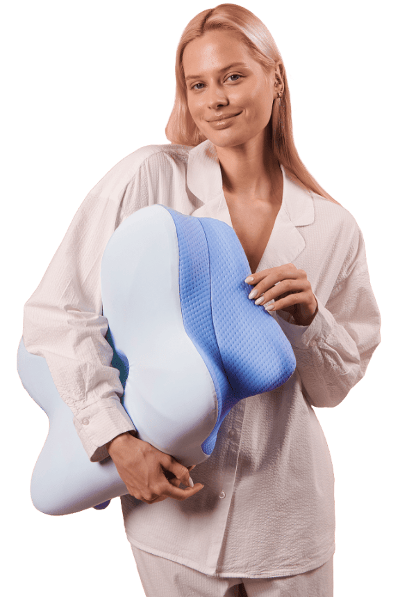 Woman holding the Derila Ergo ergonomic pillow